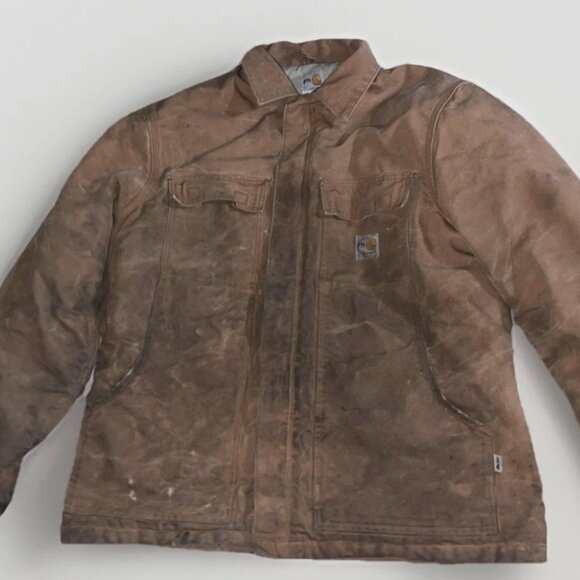 Mens Large Carhartt FR Insulated Bomber Jacket Brown Distressed Thrashed Tan - Picture 1 of 16